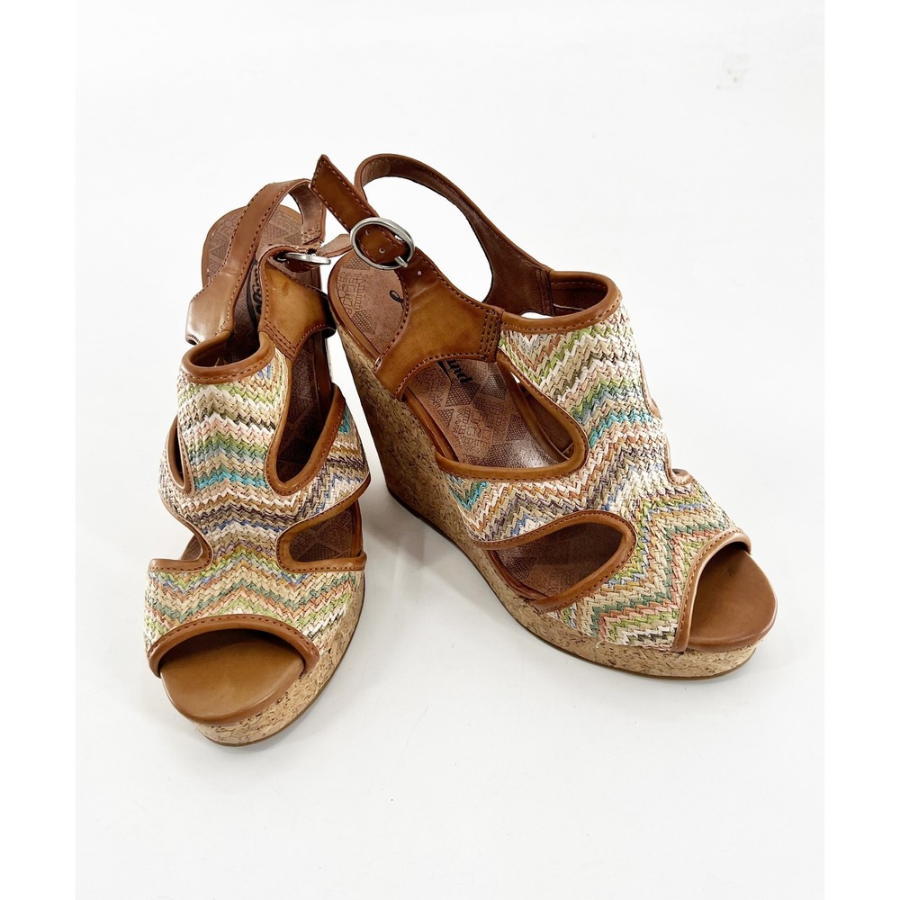 Lucky Brand Riedel2 Wedge Sandals Womens 7.5M Pastel Multi Camel Good Chevron